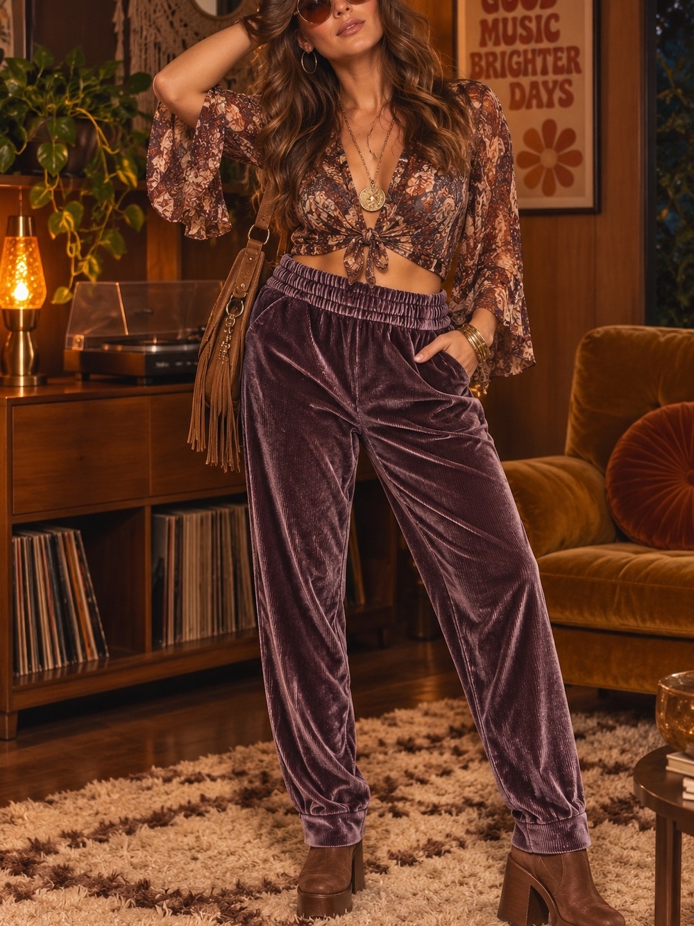 Velvet Retro Jogger Pants - Plum